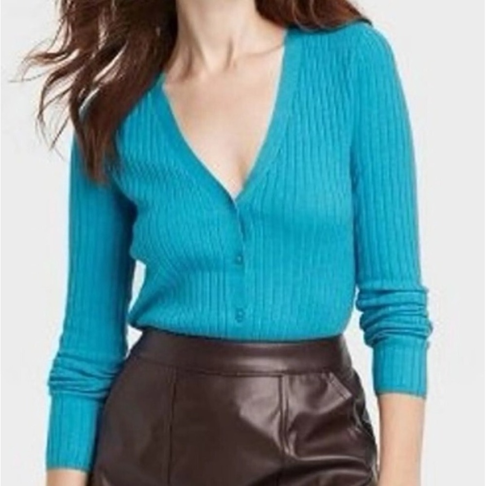Women's Button-Front Fine Gauge Ribbed Cardigan Blue - A New Day size M